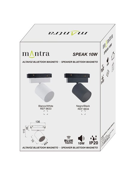 Caixa de Som Bluetooth SPEAK MAGNETO com Trilho Magnético, Branca/Preta, 10W, Bluetooth 5.4, 48V, 12dB