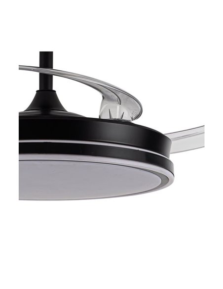 Ventoinha de teto EVO preto com LED, pás retráteis, 72 W, 7920 lúmens, temperatura de cor controlada e dimerizável.