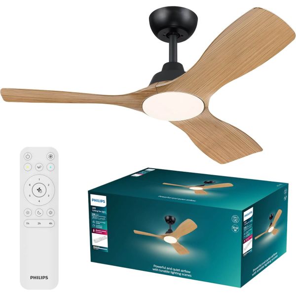 42" OLAS LED- Lüfter , Schwarz und Holz, 106 cm, 24 W + 30 W LED, 2650 lm, Farbtemperatur, dimmbar, IP20