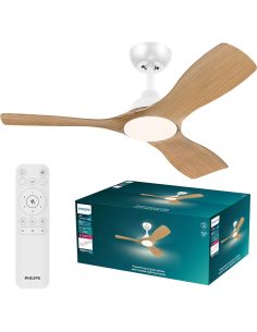 Ventoinha de teto OLAS LED de 42 polegadas, branco e madeira, 106 cm, LED 24W+30W, 2650 lm, CCT, dimerizável, IP20