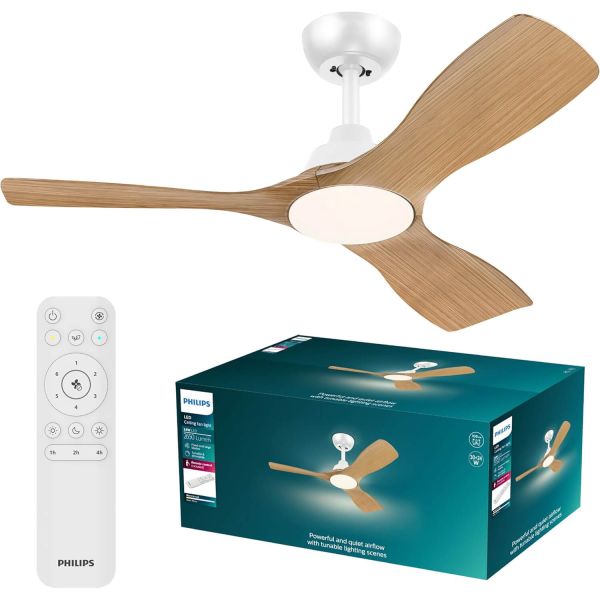 42" OLAS LED- Lüfter , Weiß und Holz, 106 cm, 24 W + 30 W LED, 2650 lm, Farbtemperatur, dimmbar, IP20