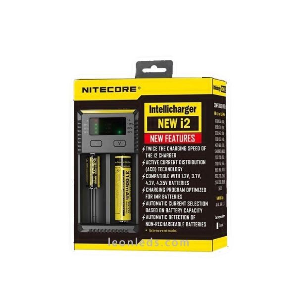 Carregador Nitecore I2 com indicador LED | Carregador de 2 compartimentos para baterias 18650 e 26650 | LeonLeds Lighting