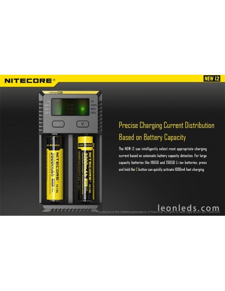 Carregador Nitecore I2 com indicador LED | Carregador de 2 compartimentos para baterias 18650 e 26650 | LeonLeds Lighting
