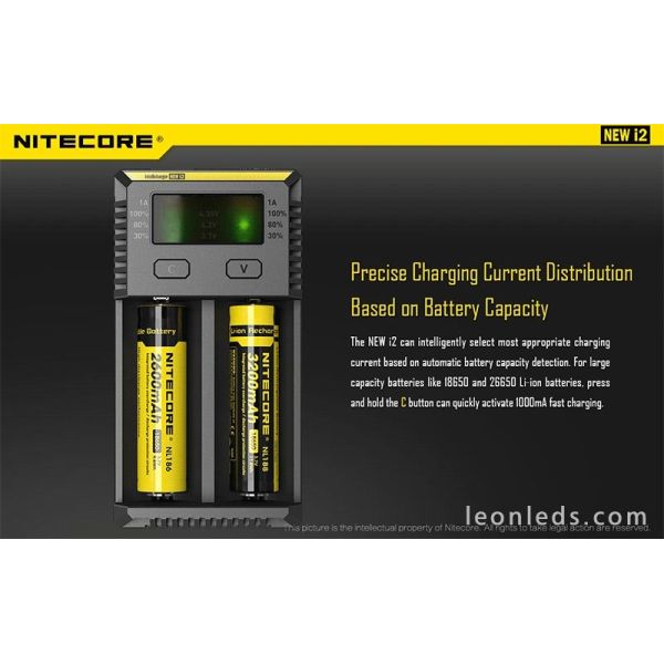 Carregador Nitecore I2 com indicador LED | Carregador de 2 compartimentos para baterias 18650 e 26650 | LeonLeds Lighting