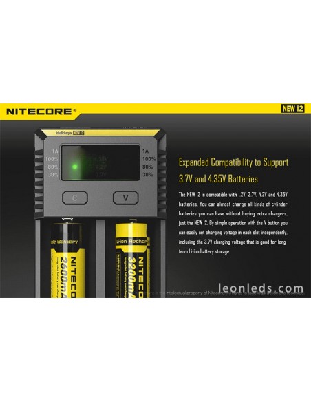 Chargeur Nitecore I2 avec indicateur LED | Chargeur 2 emplacements pour batteries 18650 et 26650 | Éclairage LeonLeds