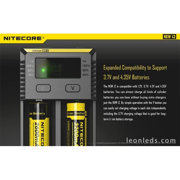 Chargeur Nitecore I2 avec indicateur LED | Chargeur 2 emplacements pour batteries 18650 et 26650 | Éclairage LeonLeds