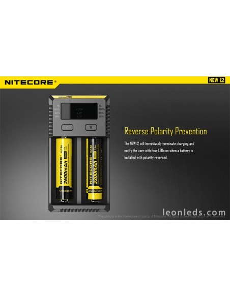 Chargeur Nitecore I2 avec indicateur LED | Chargeur 2 emplacements pour batteries 18650 et 26650 | Éclairage LeonLeds