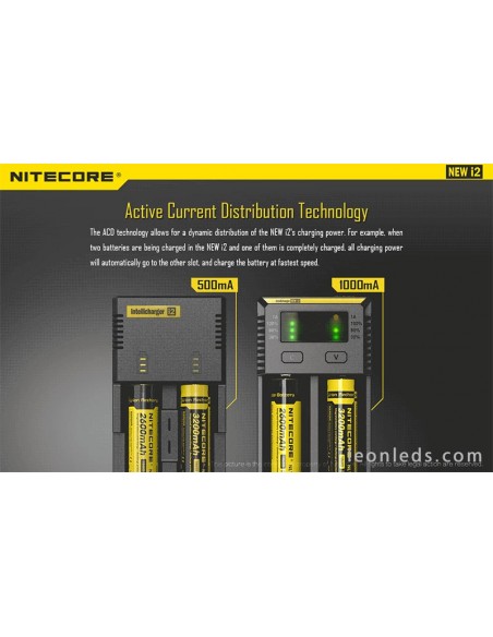 Chargeur Nitecore I2 avec indicateur LED | Chargeur 2 emplacements pour batteries 18650 et 26650 | Éclairage LeonLeds