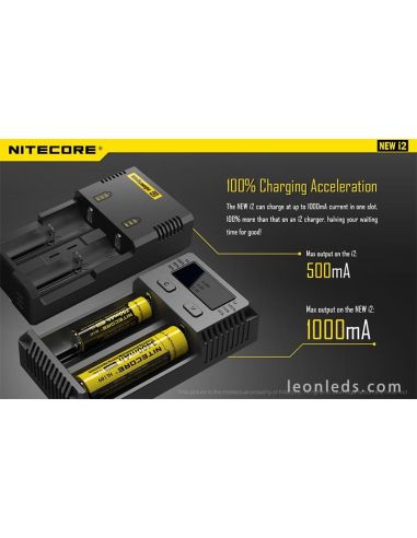 Cargador Nitecore I2 con indicador LED | Cargador de 2 Bahias para baterias 18650 26650 | LeonLeds Iluminación