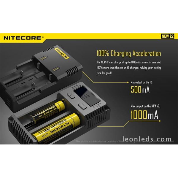 Chargeur Nitecore I2 avec indicateur LED | Chargeur 2 emplacements pour batteries 18650 et 26650 | Éclairage LeonLeds