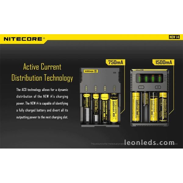 Cargador Nitecore I4 para 4 baterias | Cargador 4 Bahias con indicador de carga | LeonLeds Iluminación