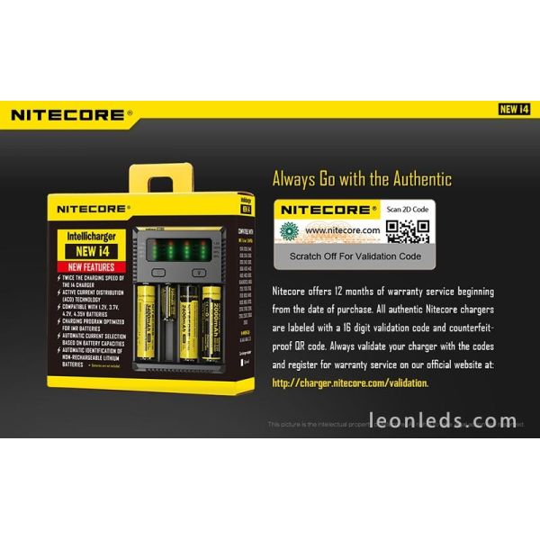 Chargeur Nitecore I4 pour 4 batteries | Chargeur 4 baies avec indicateur de charge | Éclairage LeonLeds