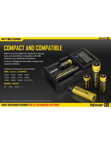 Cargador de 2 bahías Nitecore D2 | Cargador Nitecore D2 | Cargador para 2 baterias | LeonLeds Iluminación