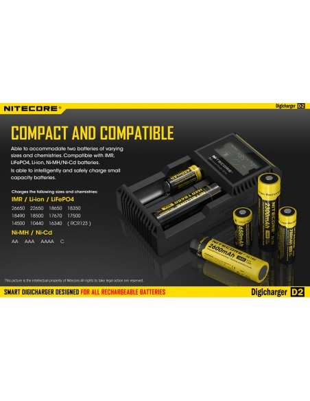 Cargador de 2 bahías Nitecore D2 | Cargador Nitecore D2 | Cargador para 2 baterias | LeonLeds Iluminación