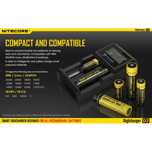 Cargador de 2 bahías Nitecore D2 | Cargador Nitecore D2 | Cargador para 2 baterias | LeonLeds Iluminación