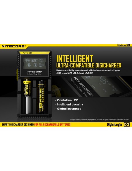 Cargador de 2 bahías Nitecore D2 | Cargador Nitecore D2 | Cargador para 2 baterias | LeonLeds Iluminación