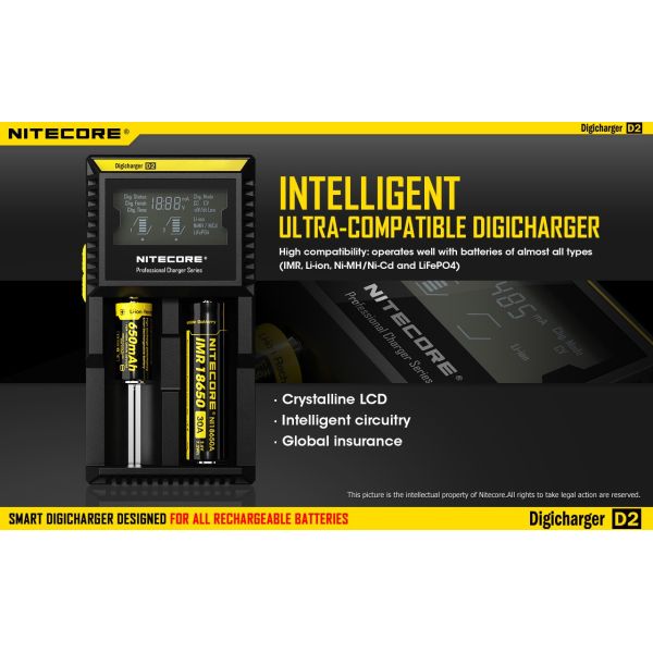 Cargador de 2 bahías Nitecore D2 | Cargador Nitecore D2 | Cargador para 2 baterias | LeonLeds Iluminación