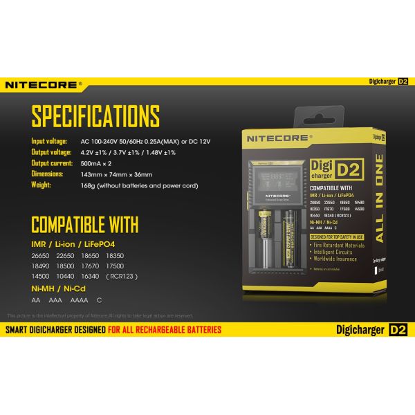 Cargador de 2 bahías Nitecore D2 | Cargador Nitecore D2 | Cargador para 2 baterias | LeonLeds Iluminación