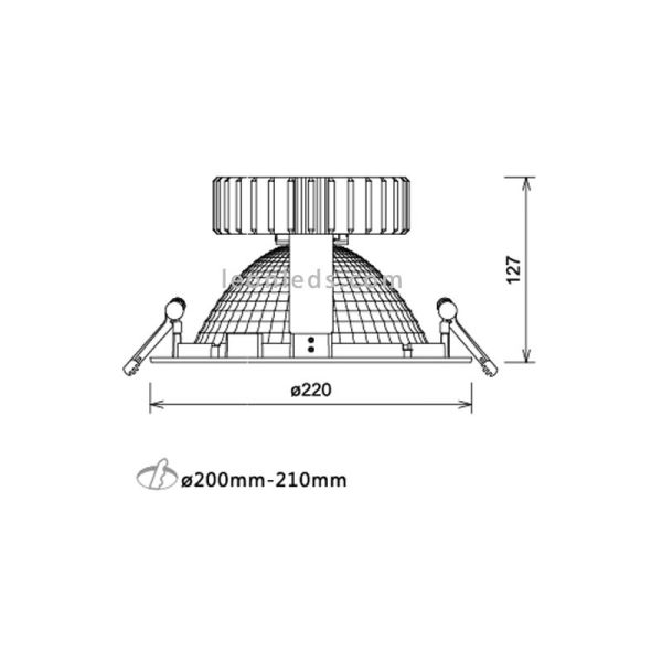 Dimensiones de Downlight LED redondo serie Aquiles II | Downlight especial alimentación | LeonLeds Iluminación