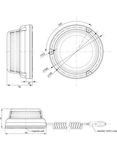 Câble magnétique spiralé ultra-fin plat à LED rotative Cree avec prise allume-cigare et base plate FT100 MAG M30 | LeonLe