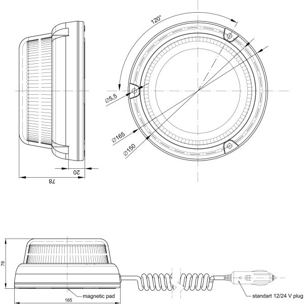 Câble magnétique spiralé ultra-fin plat à LED rotative Cree avec prise allume-cigare et base plate FT100 MAG M30 | LeonLe