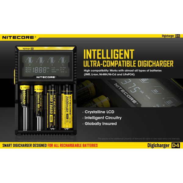 Chargeur Nitecore D4 avec écran LCD | Chargeur pour 4 batteries | Nite Core D4 | Éclairage LeonLeds