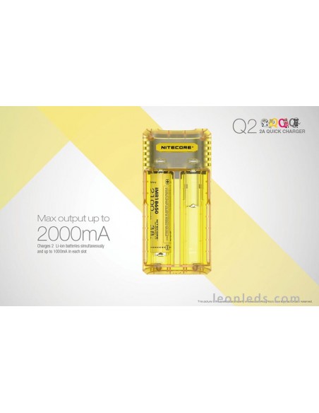 Nitecore Q2 Color amarillo limon | Cargador de 2 bahías para adaptador de coche | LeonLeds Iluminación