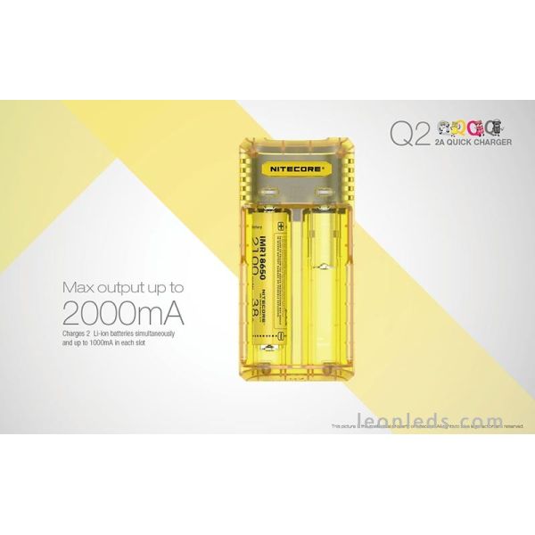 Nitecore Q2 Color amarillo limon | Cargador de 2 bahías para adaptador de coche | LeonLeds Iluminación