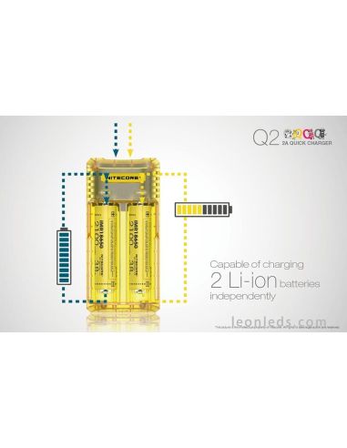Nitecore Q2 Color amarillo limon | Cargador de 2 bahías para adaptador de coche | LeonLeds Iluminación