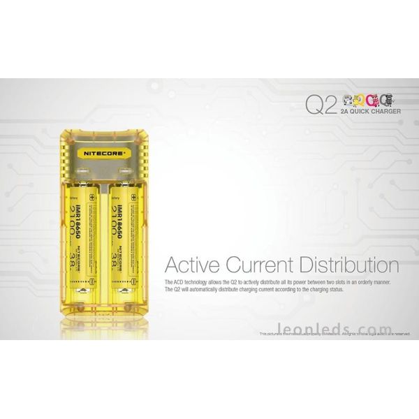 Nitecore Q2 Color amarillo limon | Cargador de 2 bahías para adaptador de coche | LeonLeds Iluminación