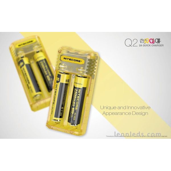 Nitecore Q2 Color amarillo limon | Cargador de 2 bahías para adaptador de coche | LeonLeds Iluminación