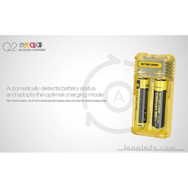 Cargador de baterías Nitocore Q2 para adaptador de coche | Cargador Amarillo Nitecore Q2 | LeonLeds Iluminación