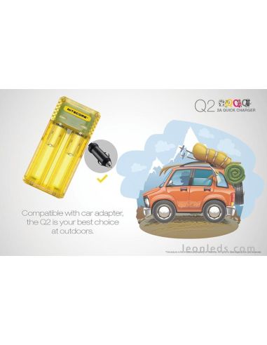 Cargador de baterías Nitocore Q2 para adaptador de coche | Cargador Amarillo Nitecore Q2 | LeonLeds Iluminación