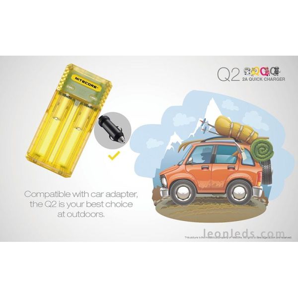 Cargador de baterías Nitocore Q2 para adaptador de coche | Cargador Amarillo Nitecore Q2 | LeonLeds Iluminación