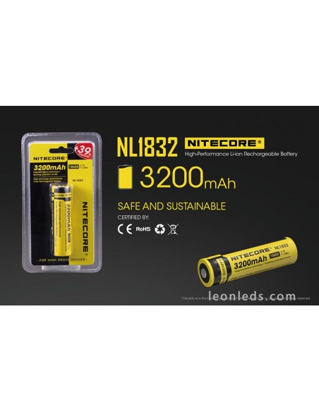 Batterie rechargeable Nitecore 18650 pour lampes de poche Led au meilleur prix NL1832 | Éclairage Léonleds