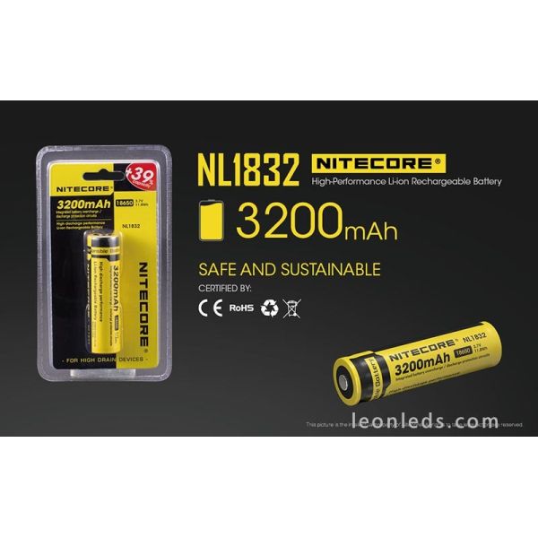 Batterie rechargeable Nitecore 18650 pour lampes de poche Led au meilleur prix NL1832 | Éclairage Léonleds