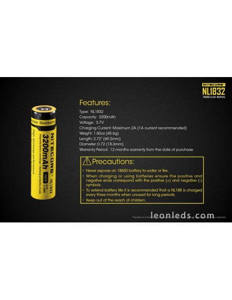 Batería Recargable 18650 de Nitecore para Linternas de Led al mejor precio NL1832 | Leonleds Iluminación