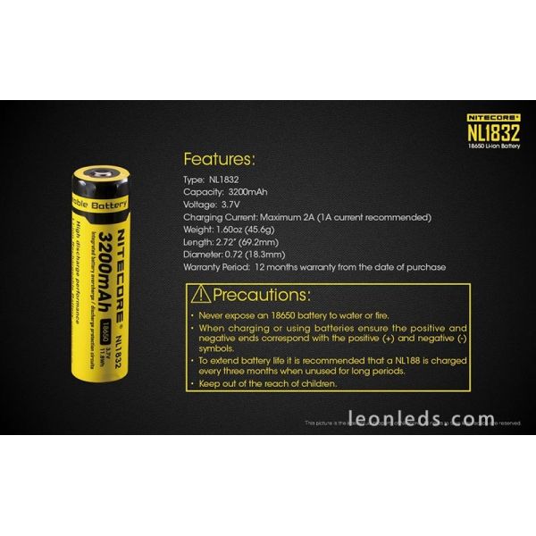 Batterie rechargeable Nitecore 18650 pour lampes de poche Led au meilleur prix NL1832 | Éclairage Léonleds