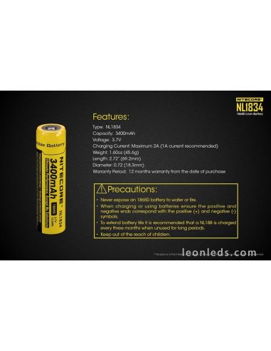 Batería Recargable 18650 para Linternas de Led NL1834 al mejor precio | Leonleds Iluminación