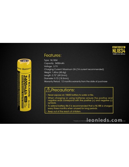 Batería Recargable 18650 para Linternas de Led NL1834 al mejor precio | Leonleds Iluminación