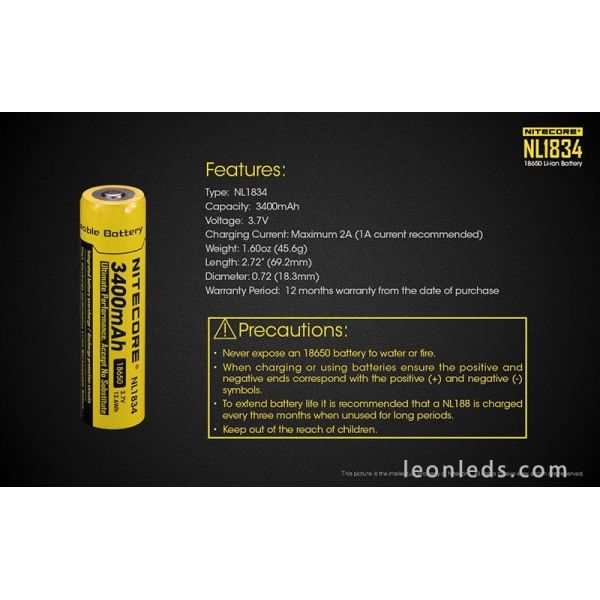 Batería Recargable 18650 para Linternas de Led NL1834 al mejor precio | Leonleds Iluminación