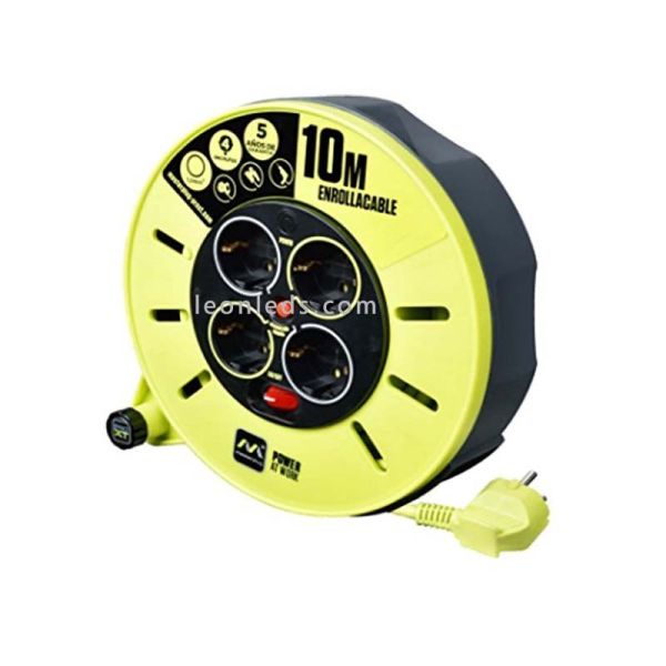 Enrollacable de 10M con 4 tomas schuko 3x1.5mm al mejor precio| LeonLeds