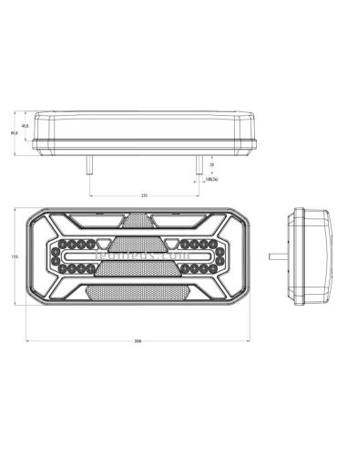 Dimensões da luz traseira LED com triângulo refletor | LeonIluminação leds