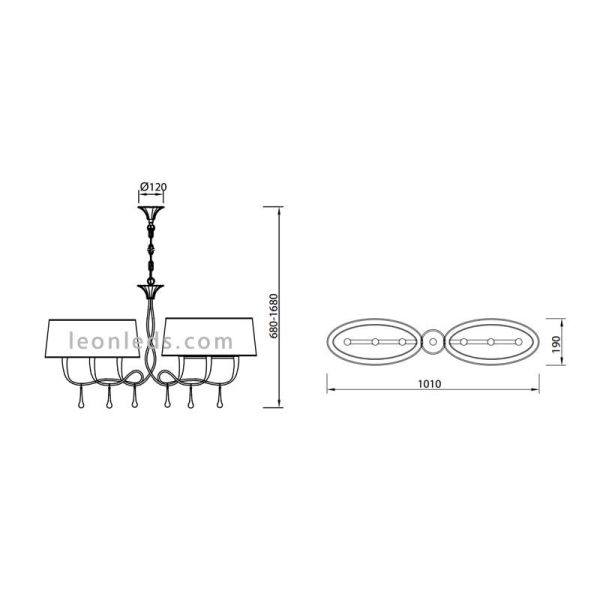 Dimensões do candeeiro de tecto Golden Paola para instalar no tecto por cima de uma mesa | Leon Iluminação LED