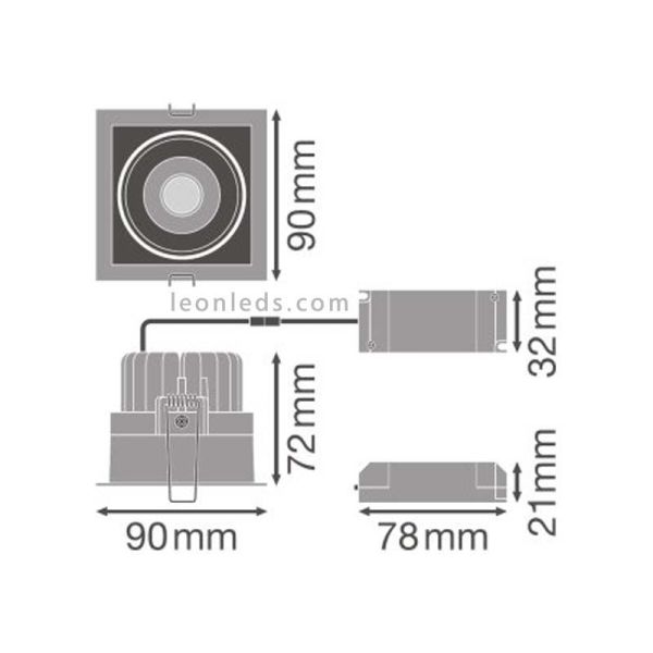 Projector e dimensões de instalação do projector LED quadrado preto da marca LedVance | Leon Iluminação LED