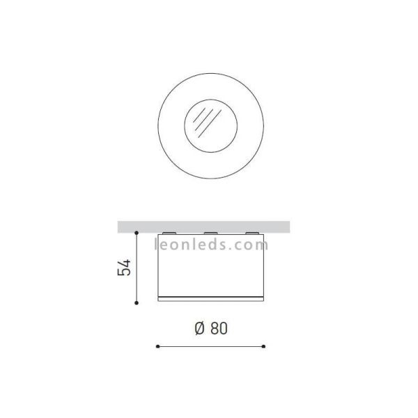 Dimensiones de Foco LED de superficie para instalar en techo interior de diseño moderno y de color blanco | LeonLeds Iluminación