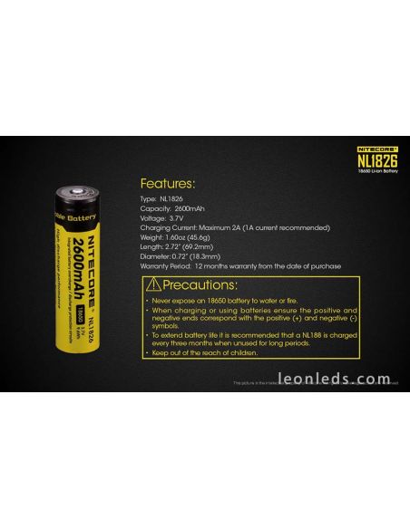 Batería de Litio Li-Ion de 2600mAh de Nitecore formato 18650 recargable | LeonLeds Baterías