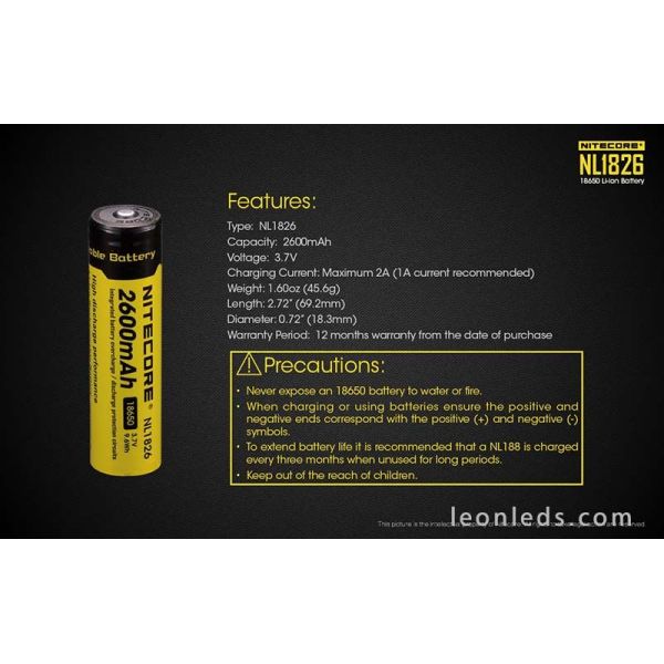 Batería de Litio Li-Ion de 2600mAh de Nitecore formato 18650 recargable | LeonLeds Baterías