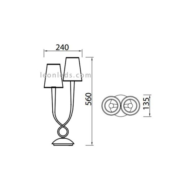 Dimensiones d Lámpara de Sobremesa Dorada serie Paola 3546 de Mantra |  LeonLeds Iluminación