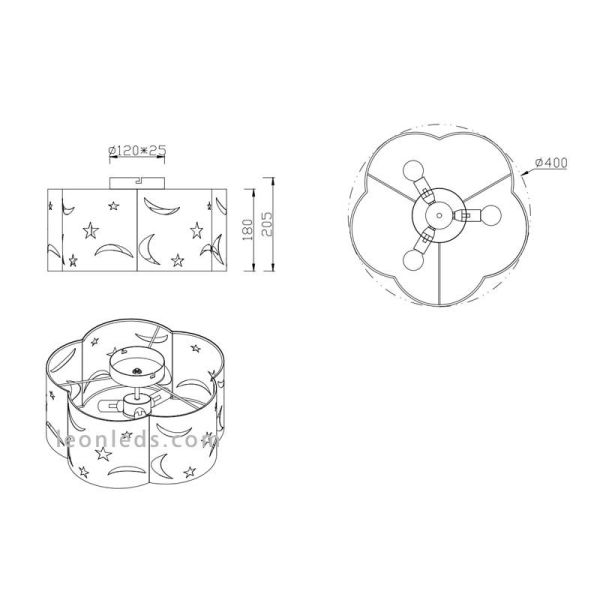 Dimensions du plafonnier bleu pour enfant Moony de Trio Lighting | Éclairage LeonLeds